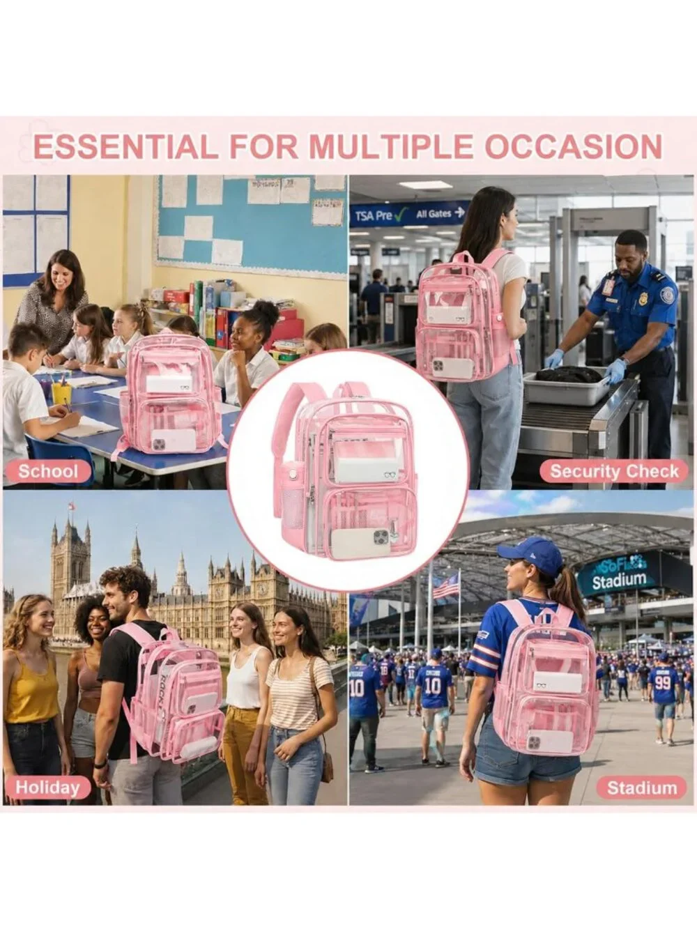 Large Clear Backpack for School, Heavy Duty Transparent Bookbag with Luggage